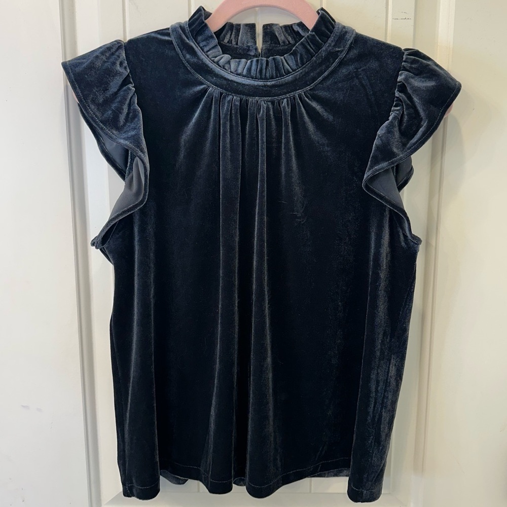 NWT Evereve Allison Joy Ellie Ruffle Velour Top Navy XS